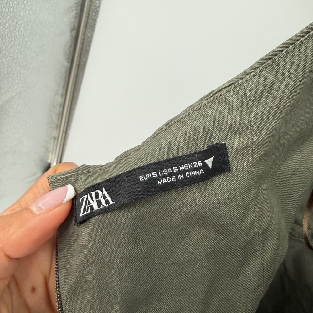 Zara Olive Green Halter Wide Leg Jumpsuit Pleated Front Cotton Small - Picture 8 of 9